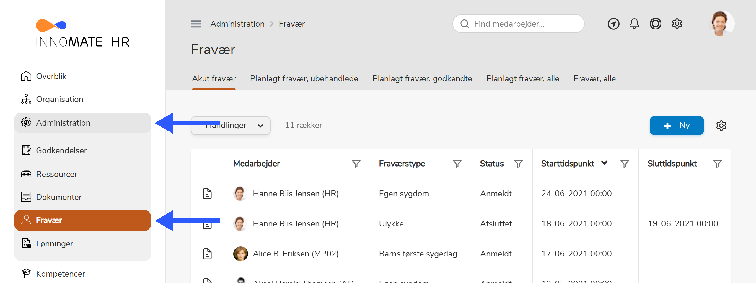 Hovedmenu med fraværsstyring-gruppen og dens menupunkter