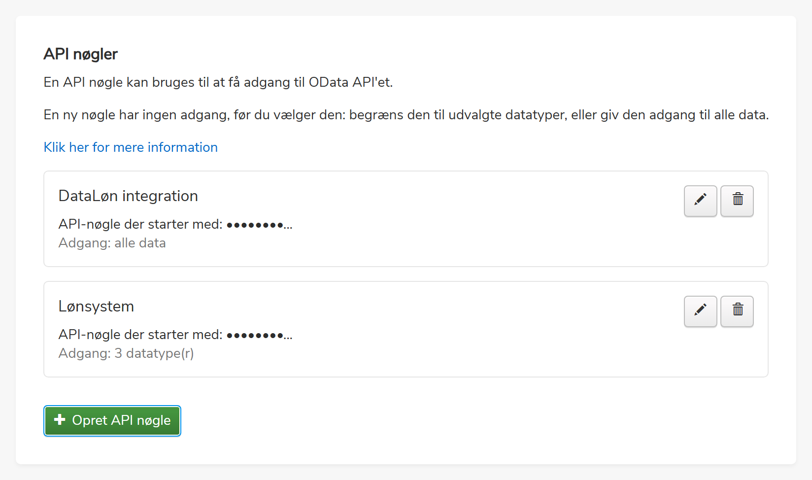 Listen over API-nøgler, hvor tre nøgler har adgang til alle data og én er begrænset til tre datatyper