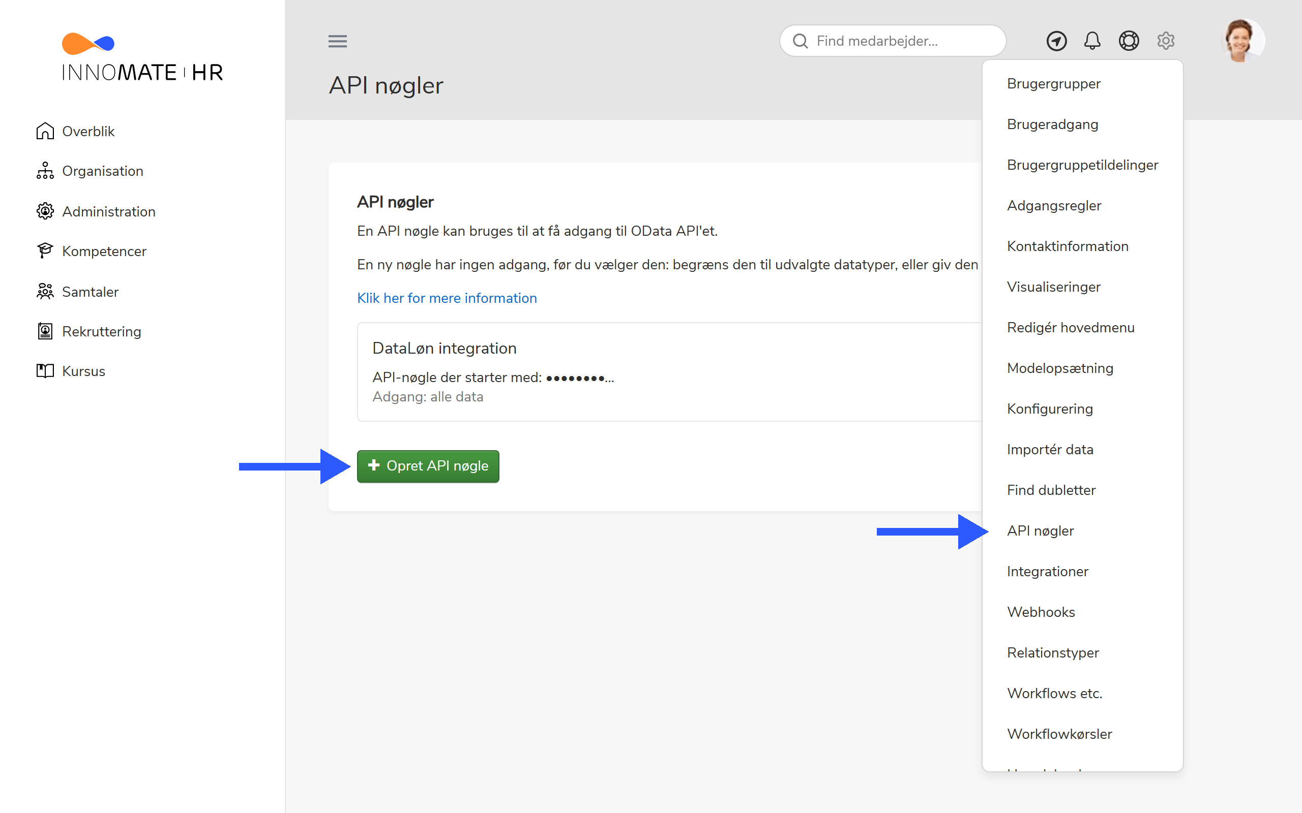 Siden API nøgler, åbnet fra indstillingsmenuen, med knappen Opret API nøgle