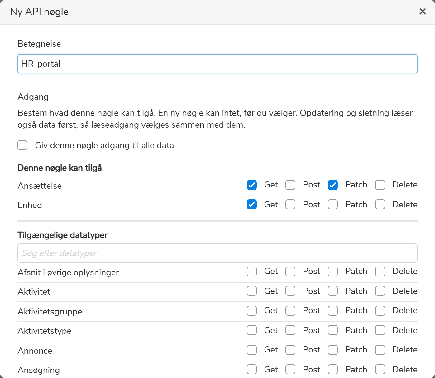 Dialogen Ny API nøgle, hvor nøglen får Get og Patch på Ansættelse og Get på Enhed