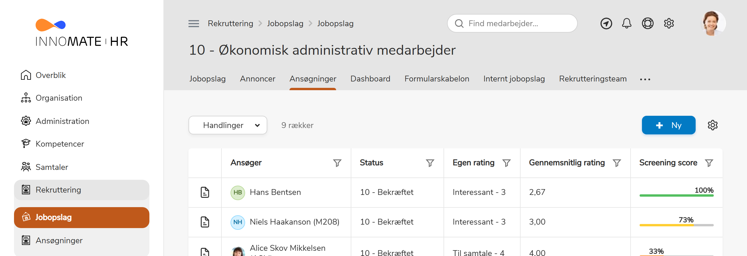 Ansøgningsoversigt med status