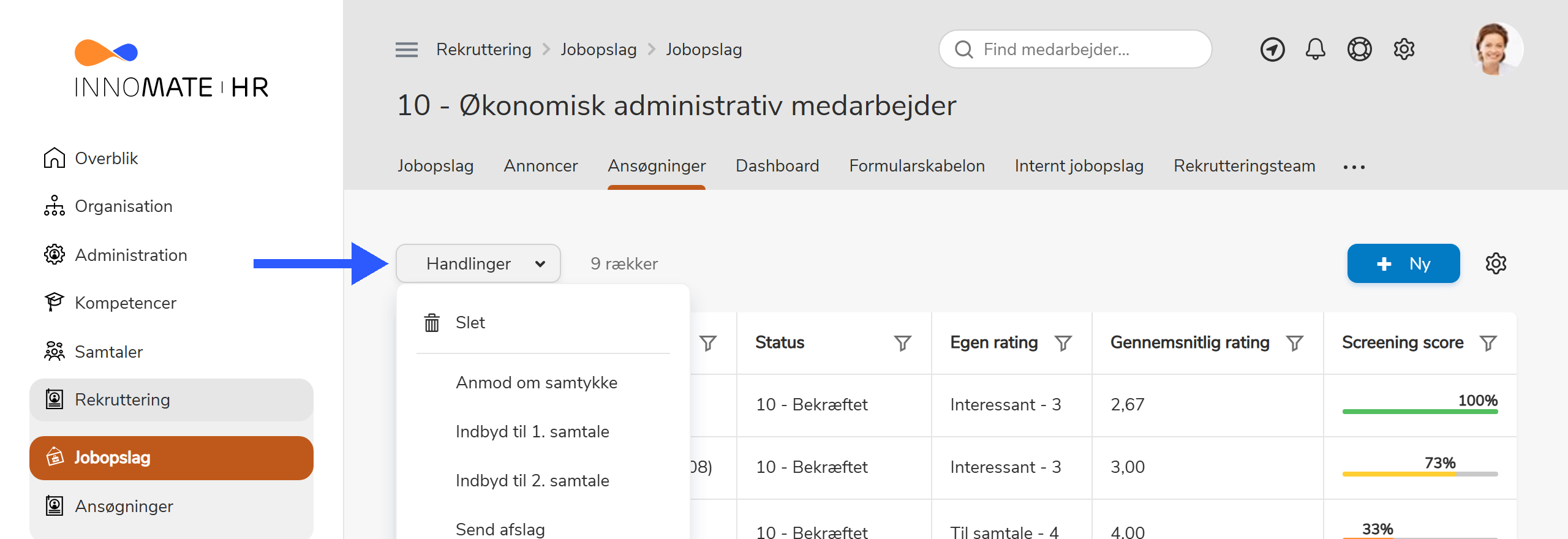 Handlingsmenu med tilgængelige workflows