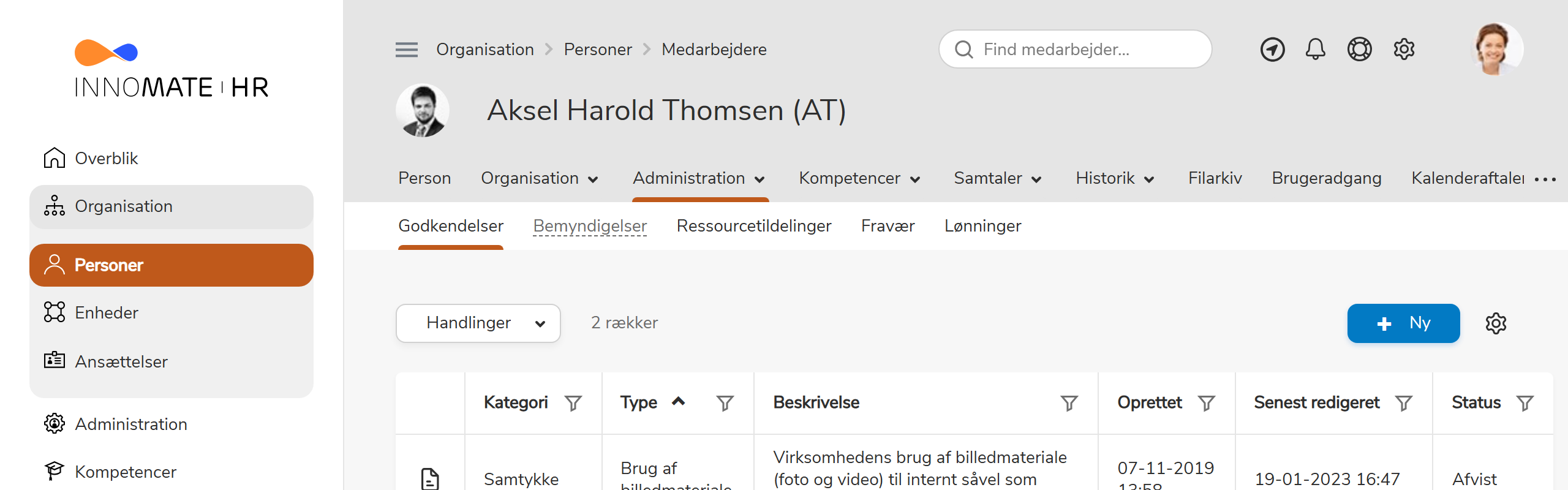 Detailmenu under Administration med liste over Godkendelser