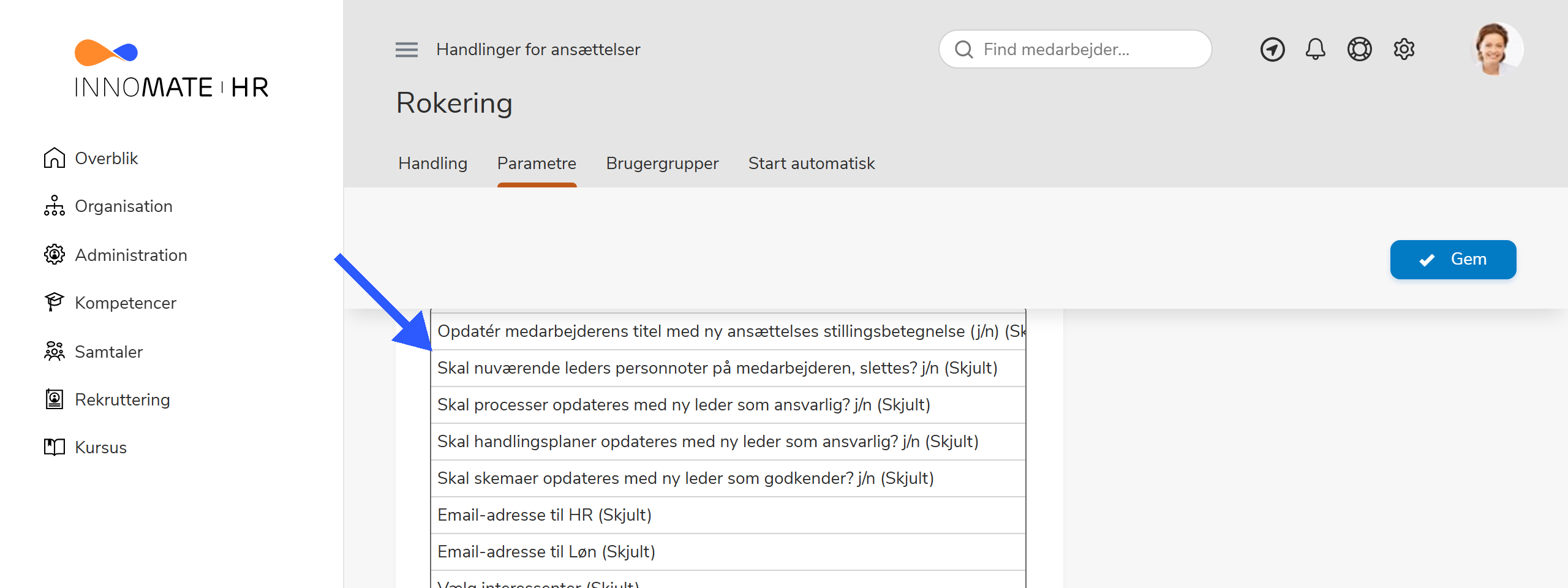 Parametre for Rokering-handlingen i Redigér handlinger