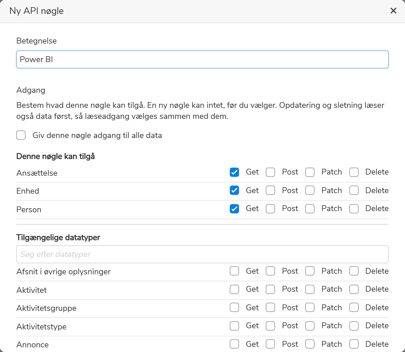 Dialogen Ny API nøgle til Power BI med kun Get valgt for Ansættelse, Enhed og Person
