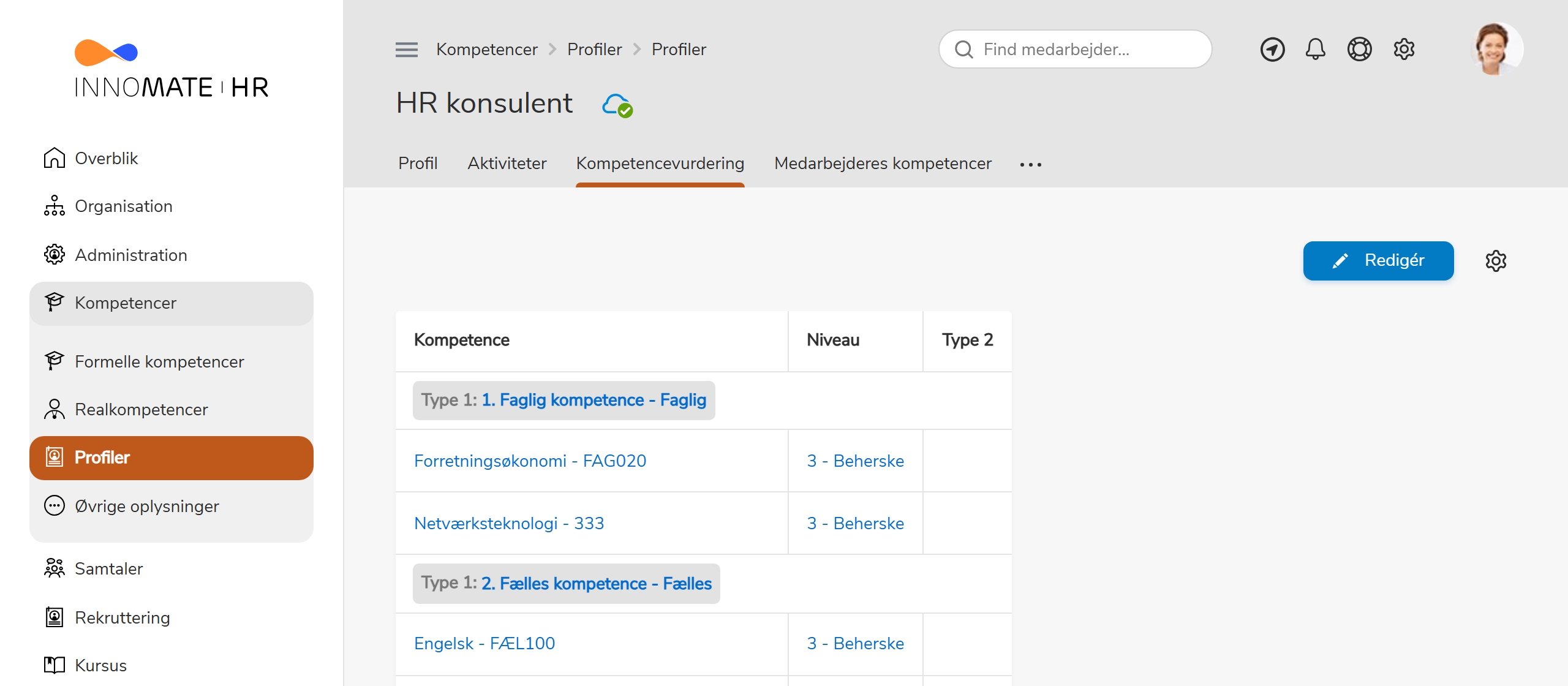 Profil med kompetencevurdering og ønskede niveauer
