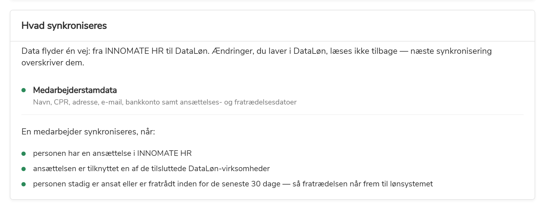 Panelet Hvad synkroniseres med medarbejderstamdata og de tre betingelser