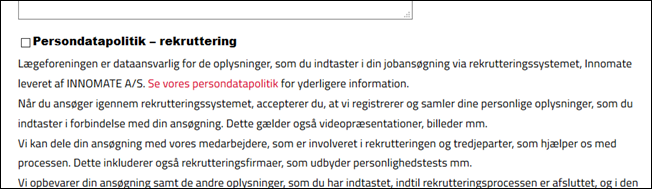 Tilpasset samtykketekst med link til persondatapolitik