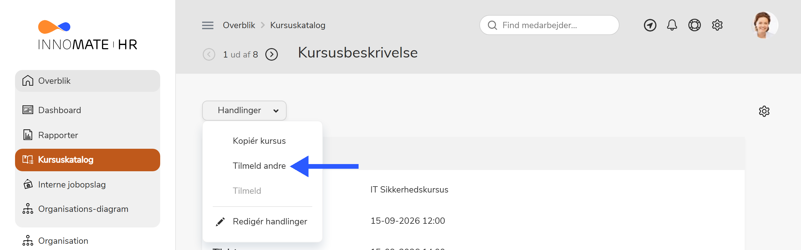 Handlingsmenu på kursus med mulighed for at tilmelde andre