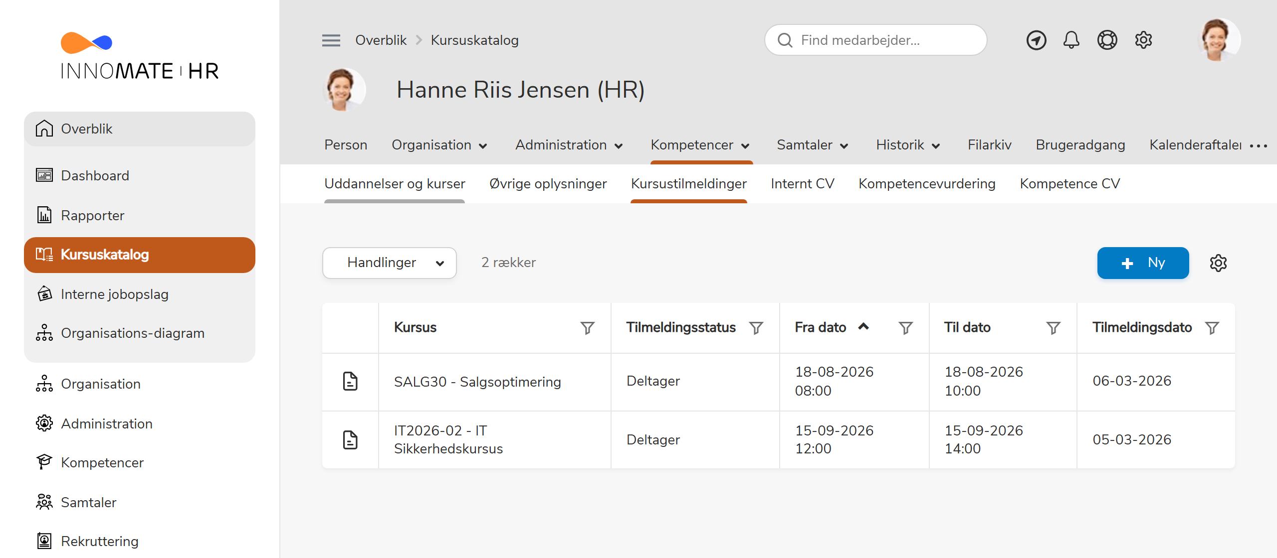 Personens oversigt over kursustilmeldinger