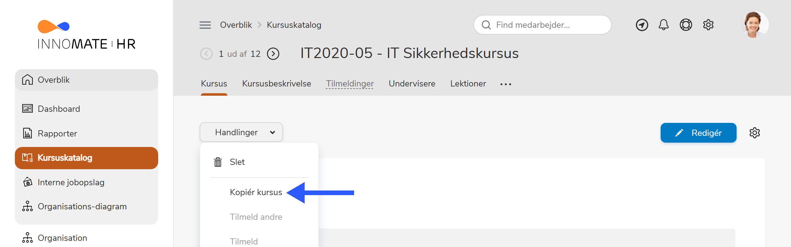 Handlingsmenuen med Kopiér kursus markeret