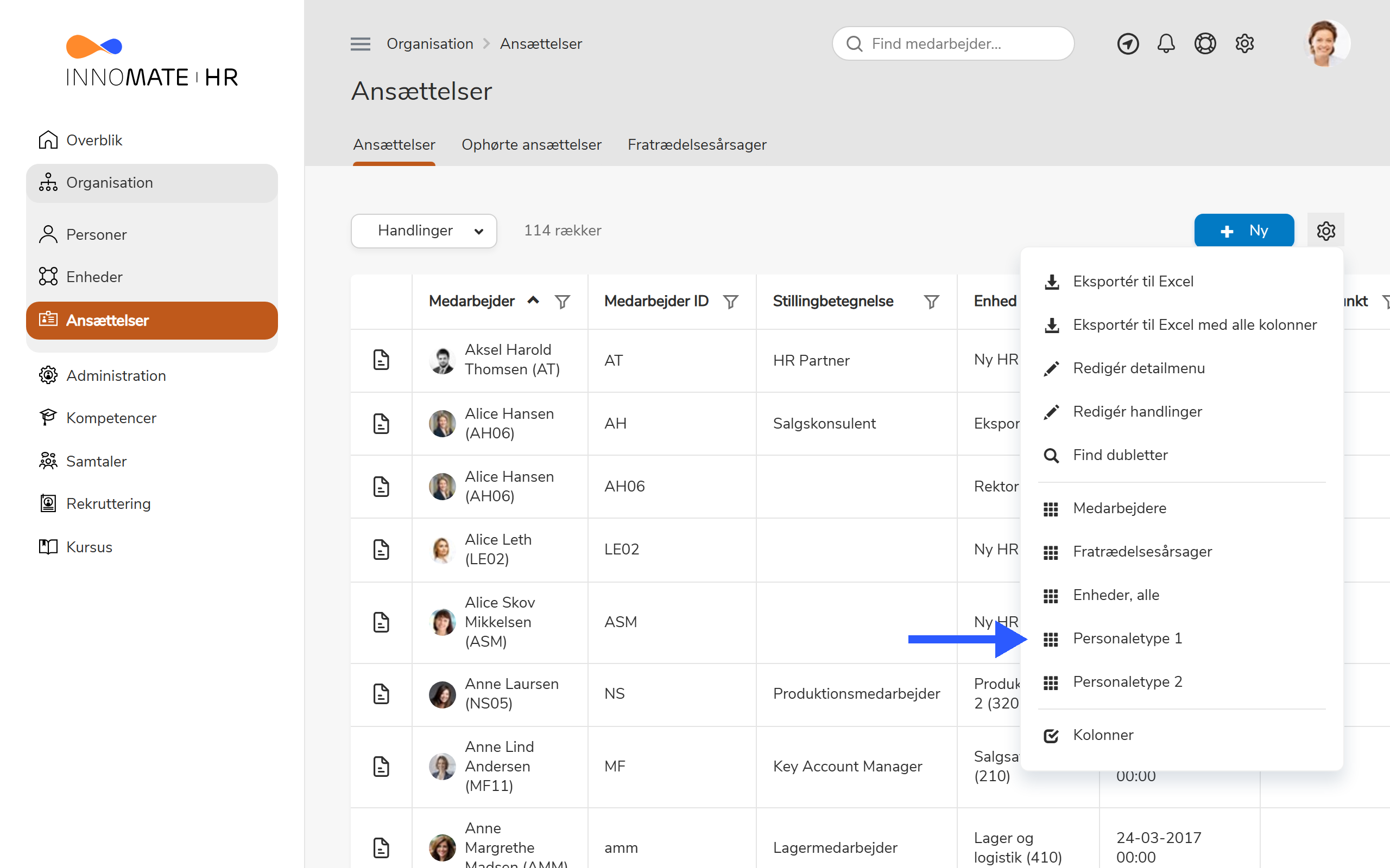 Ansættelsesliste — indstillingsmenu med personaletypevalg
