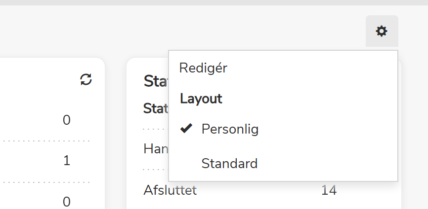 Dashboardets indstillinger åbnet via tandhjul