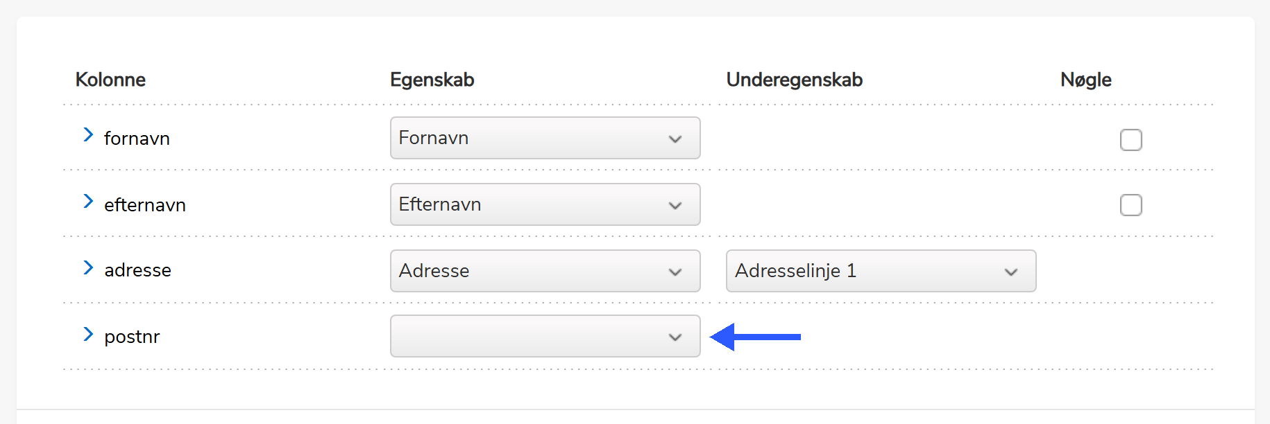 Kolonnematch-side hvor postnr ikke er genkendt