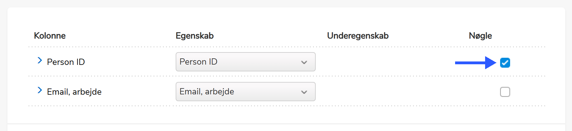 Kolonnematch med Nøgle-flueben ud for Person ID