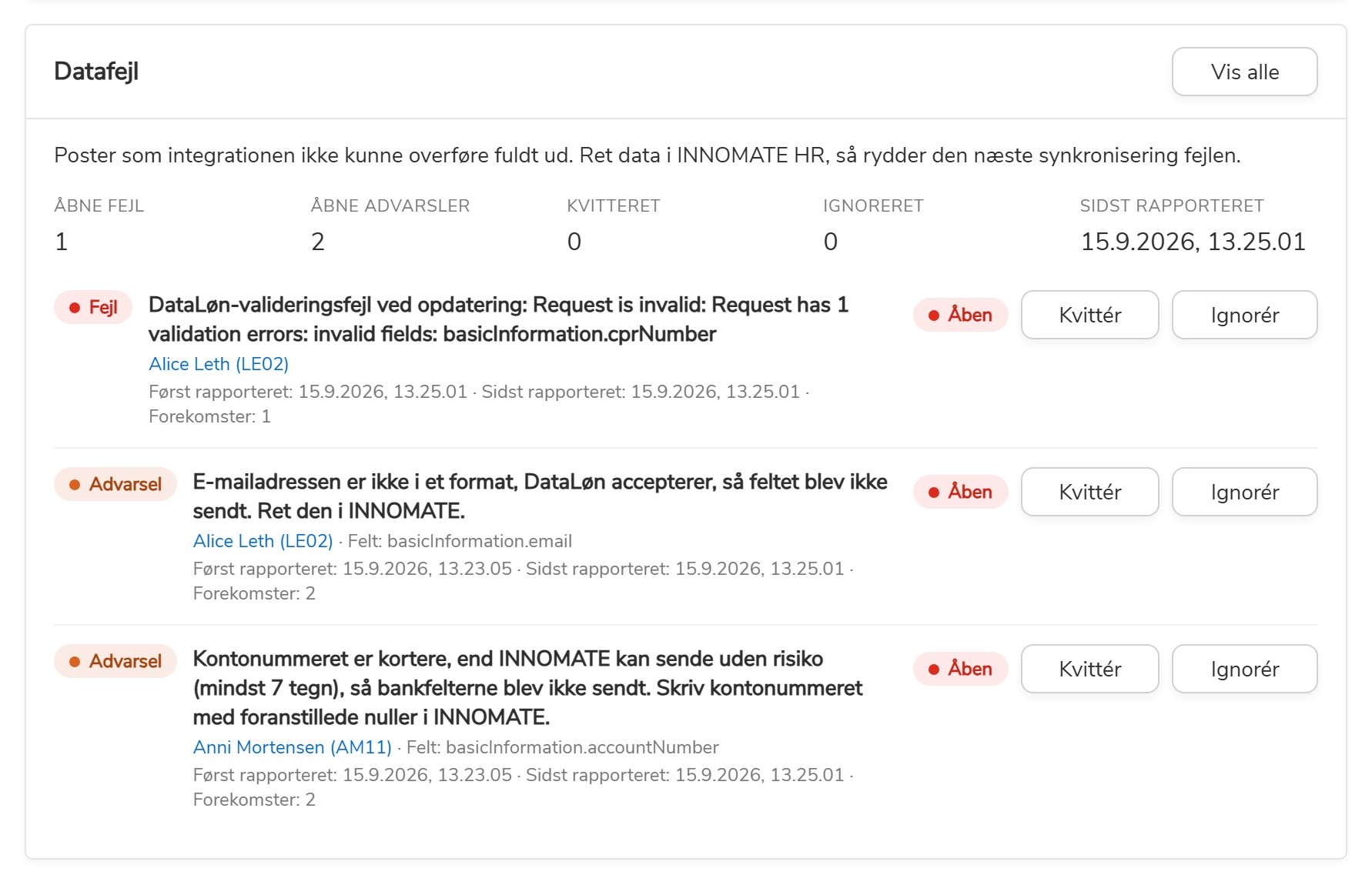 Datafejlpanelet med antal åbne fejl og advarsler og de åbne fejl nedenunder