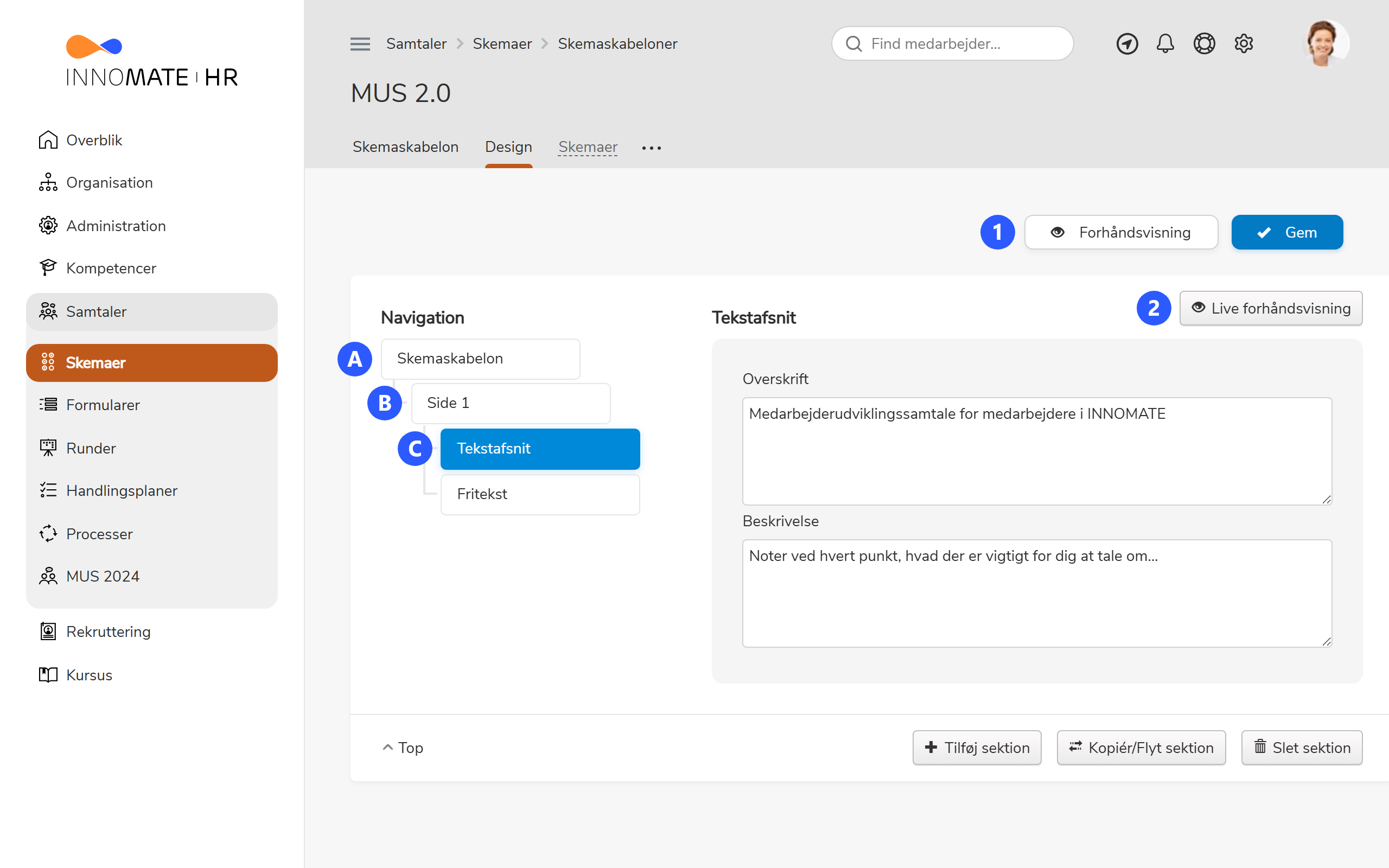 Overblik over designeren med navigation og indstillingspanel