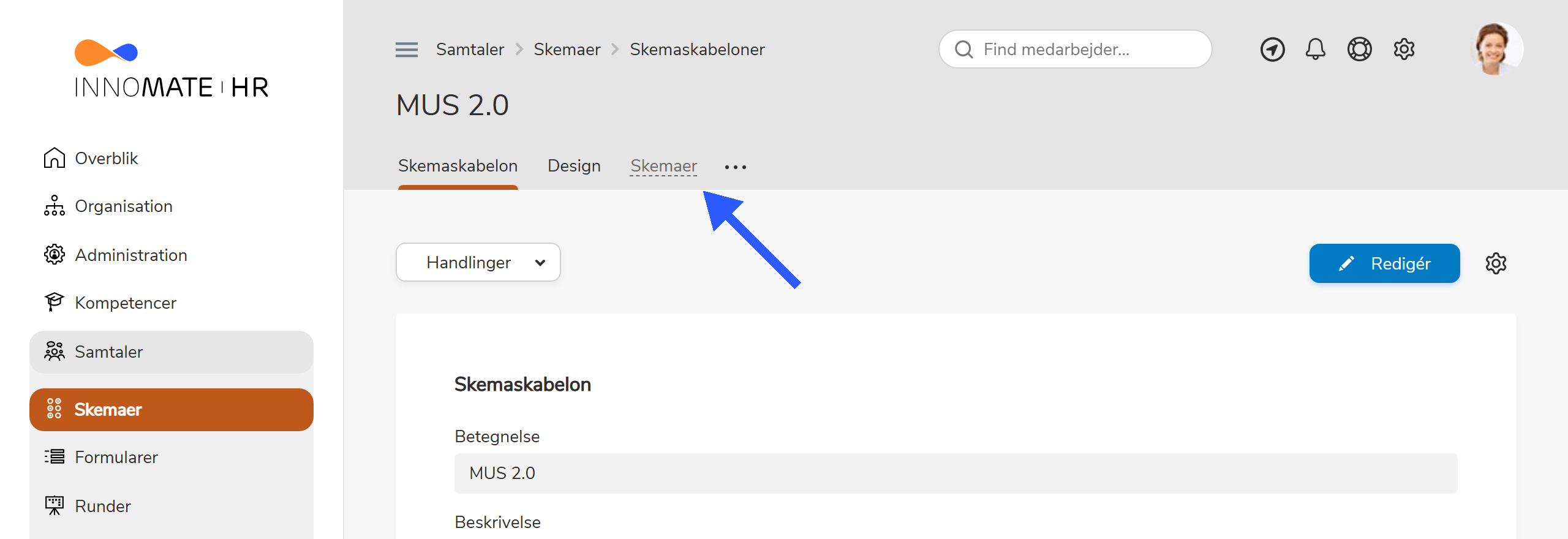Detailvisning af skemaskabelon med pil til Design-fanen