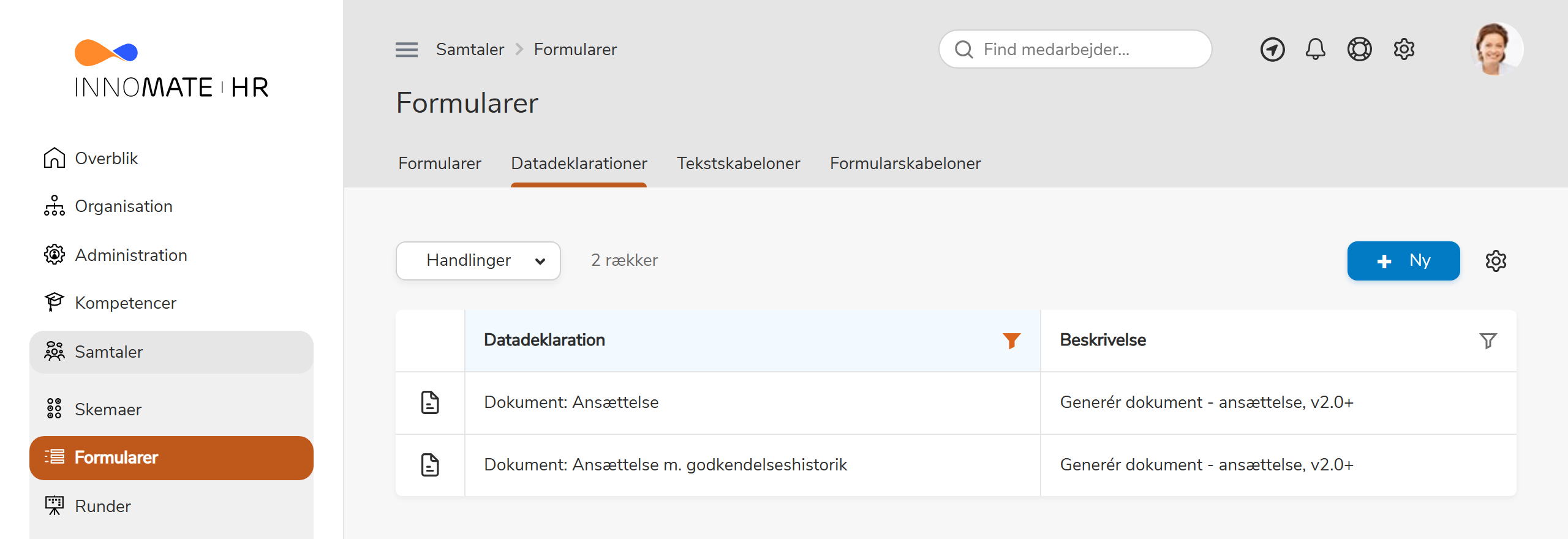 Datadeklarationsliste filtreret på Dokument: Ansættelse via Samtaler > Formularer