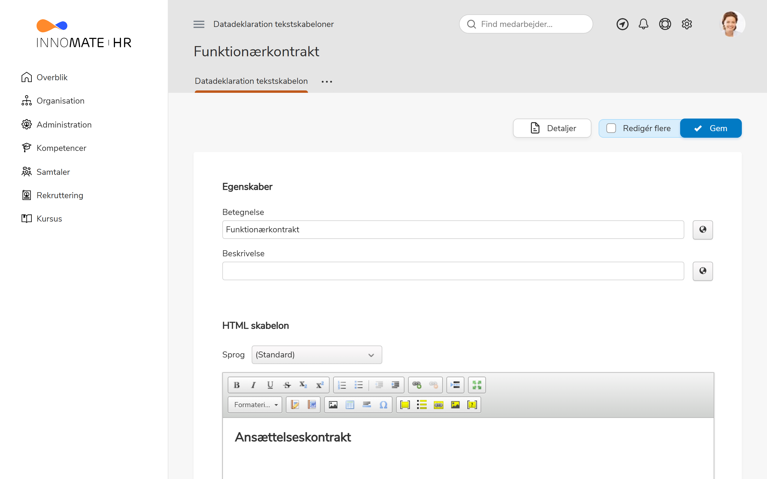 Oprettelse af tekstskabelon med betegnelse og HTML-editor