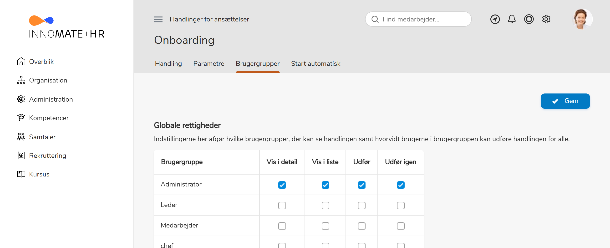 Fanen Brugergrupper med kolonnerne Detailvisning, Listevisning og Udfør