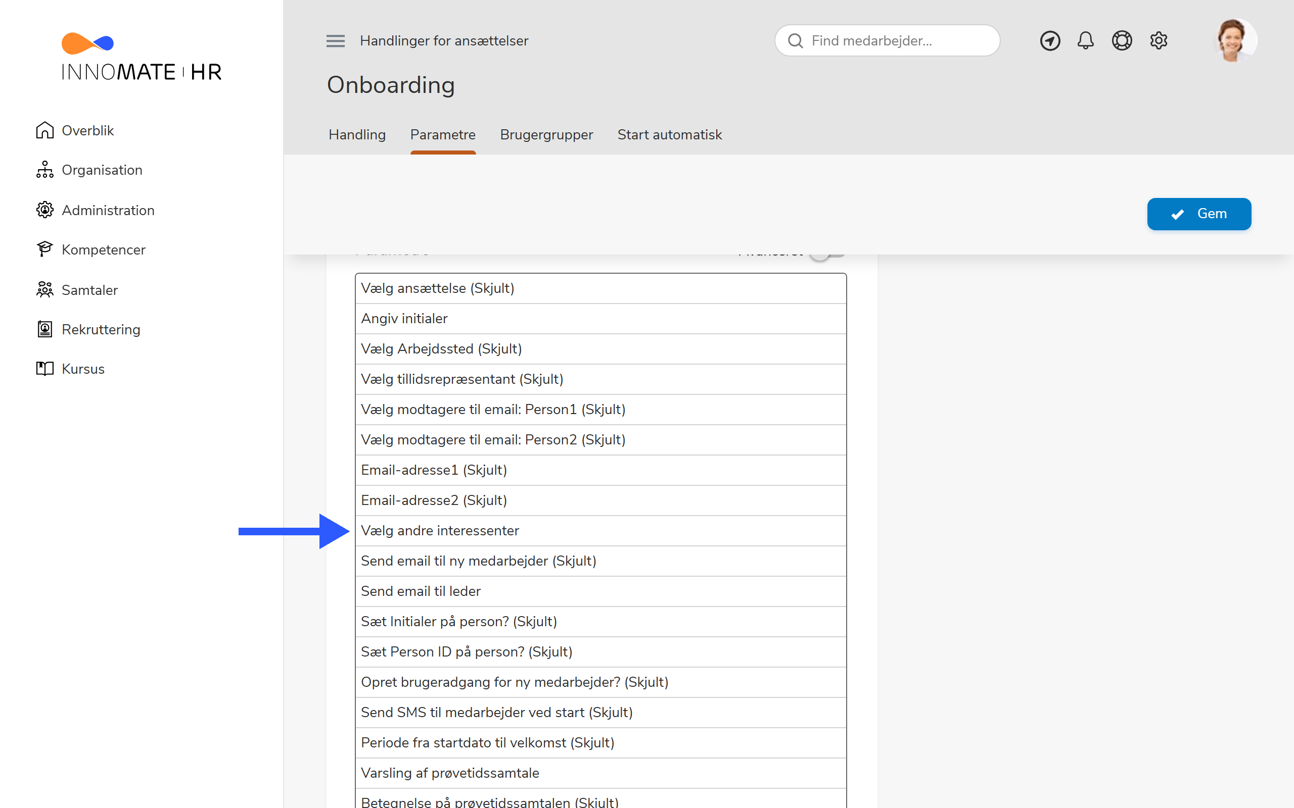 Fanen Parametre for Onboarding-handlingen med listen over redigerbare parametre