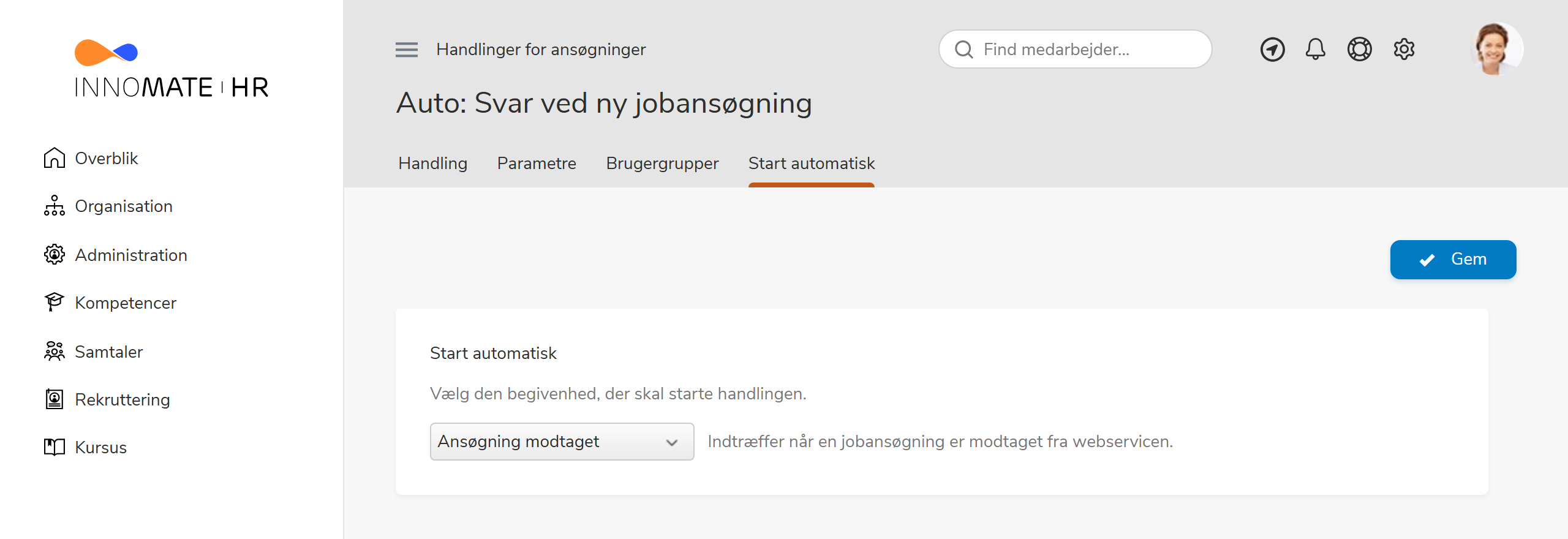 Fanen Start automatisk for en auto-handling med udløser for ny ansøgning