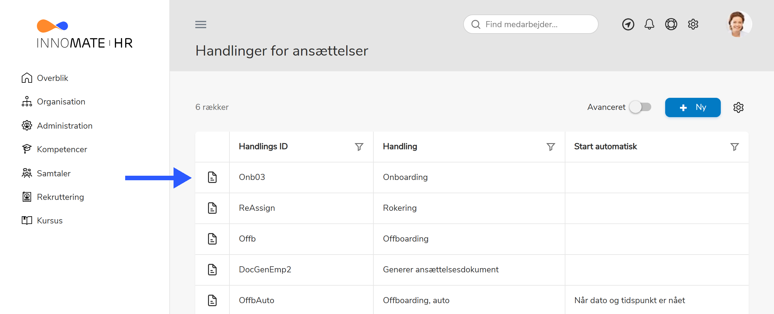 Listen Handlinger for ansættelser med Onboarding-rækken fremhævet
