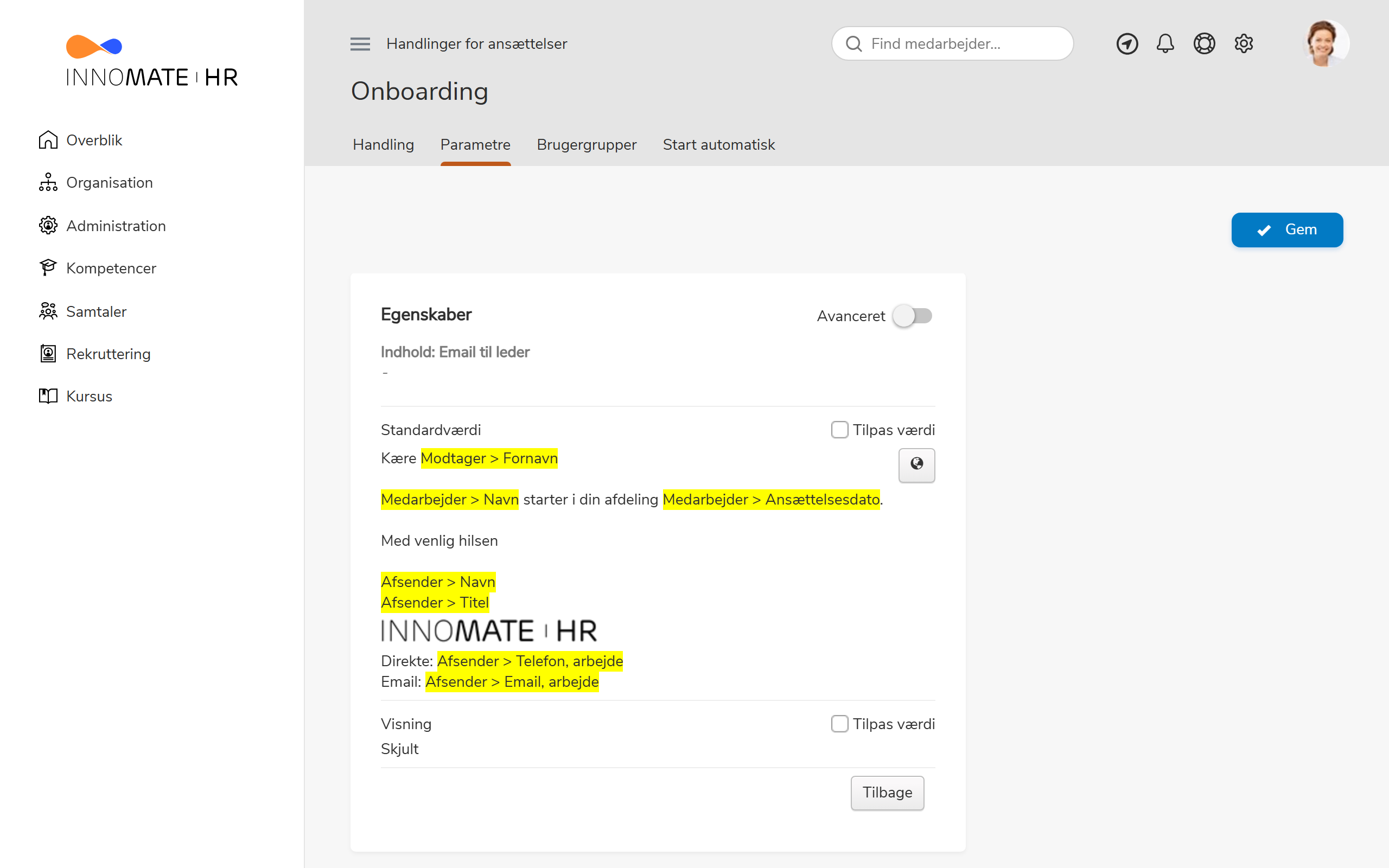 Parameter-editoren for Indhold: Email til leder med HTML-skabelonen som standardværdi