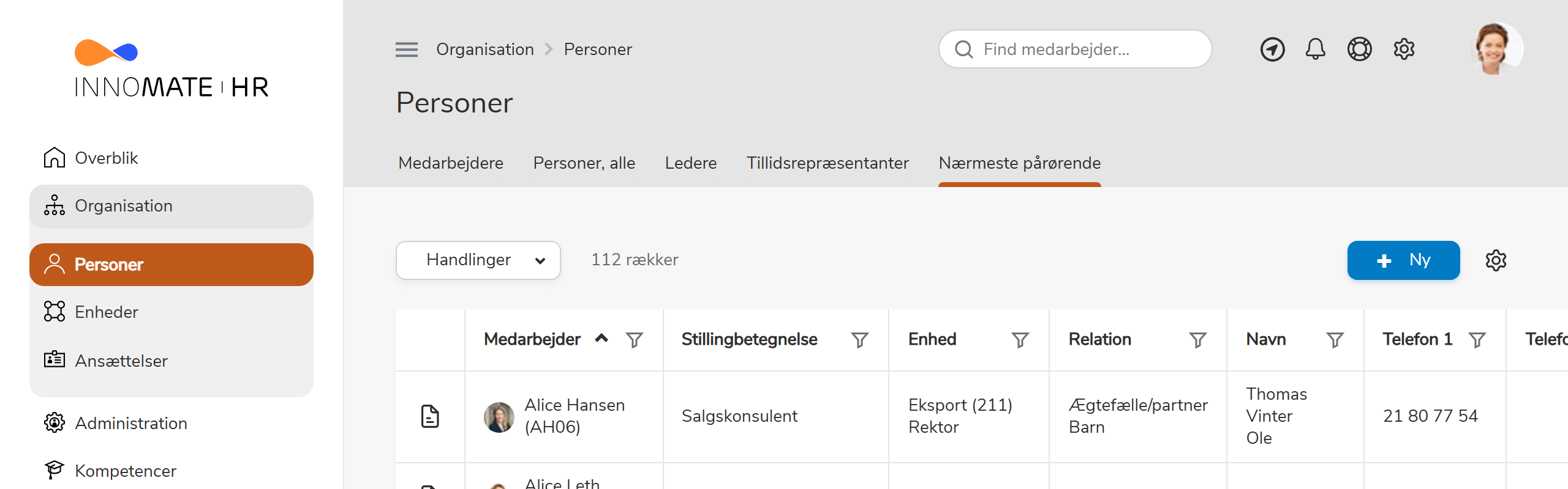 Samlet liste over nærmeste pårørende for alle medarbejdere
