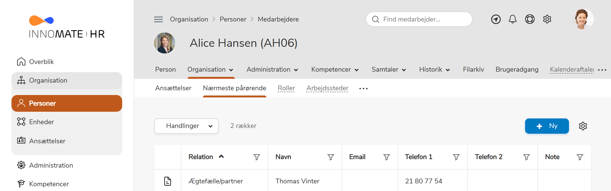 Person-detailmenu med Nærmeste pårørende