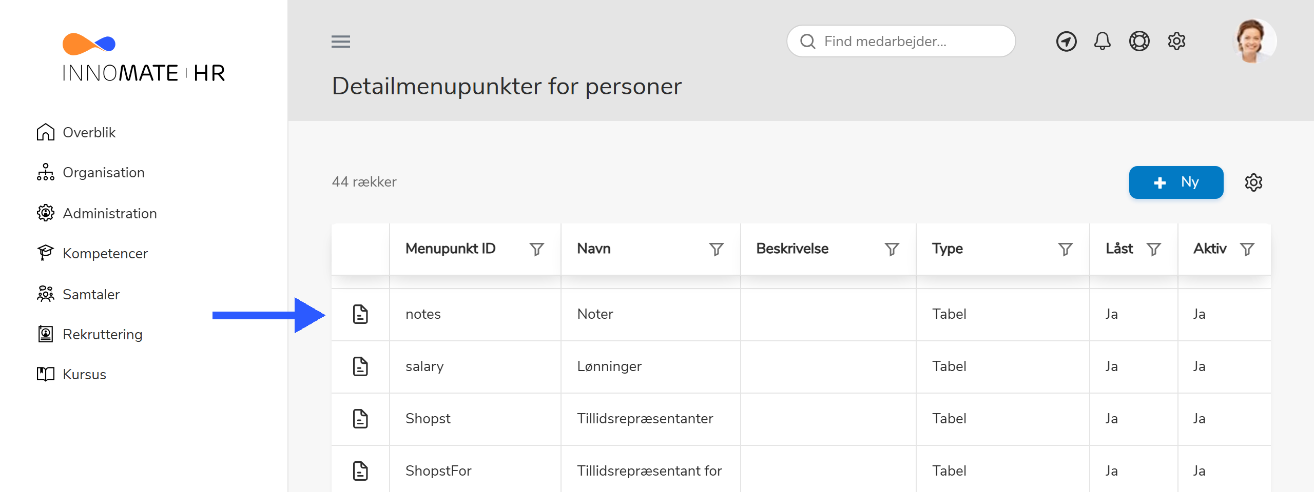Redigér detailmenu med menupunktet Noter