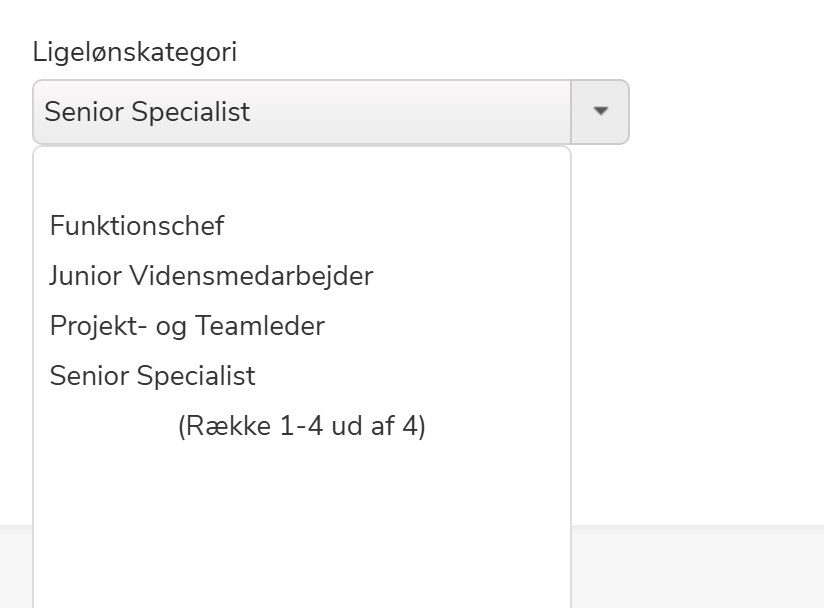 Feltet Ligelønskategori på en ansættelse — dropdown åbnet med aktive kategorier