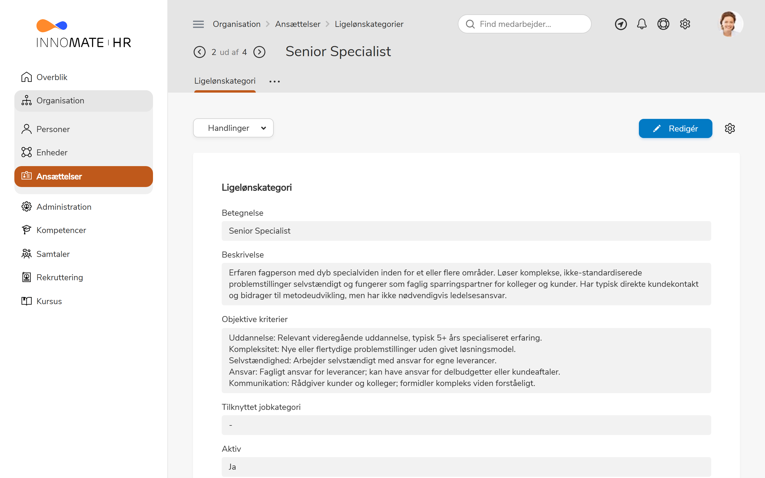 Detaljeside for en ligelønskategori med objektive kriterier