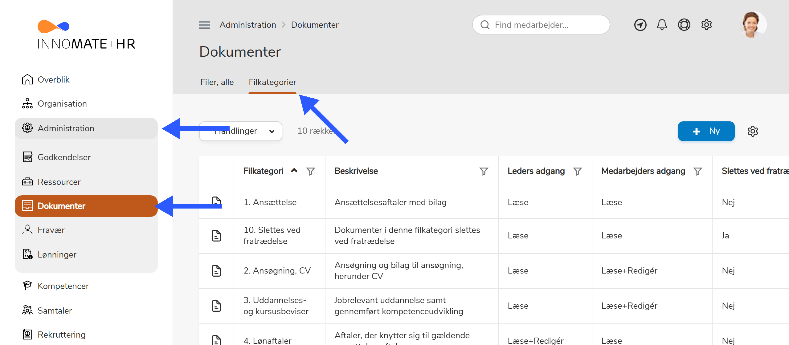 Filkategorier-oversigten under Administration > Dokumenter med eksempler på kategorier