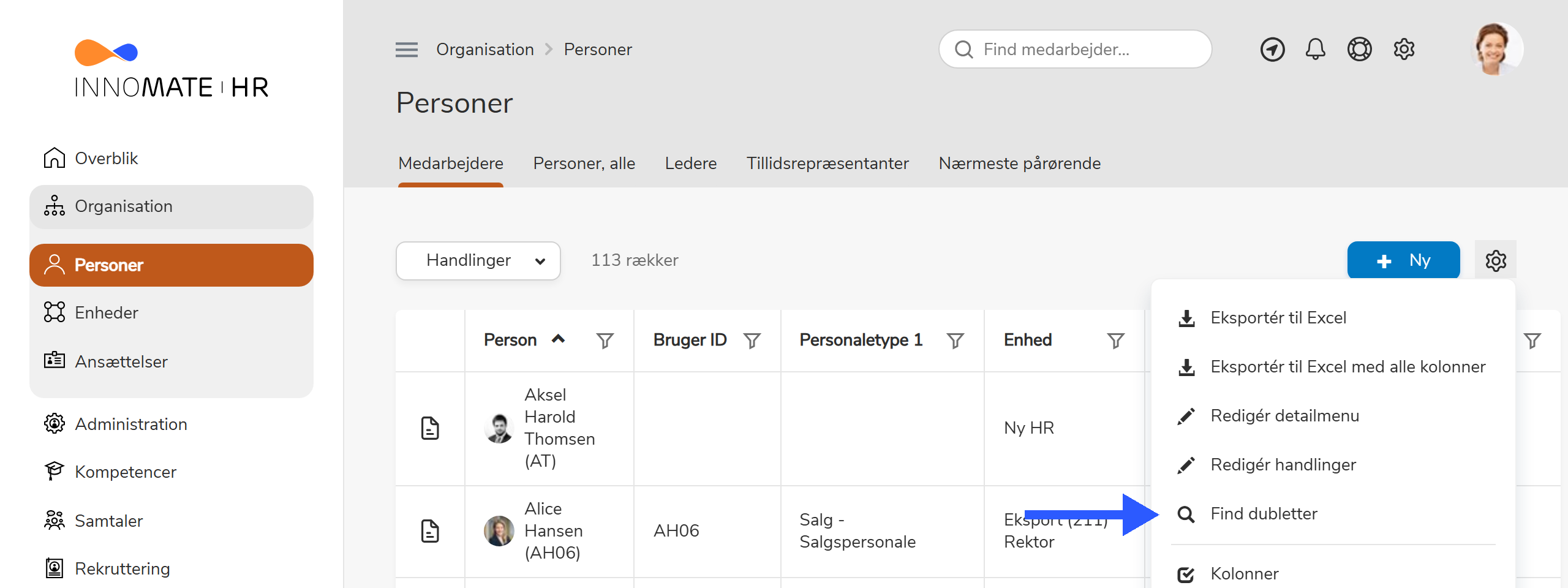 Flere muligheder-menuen med Find dubletter