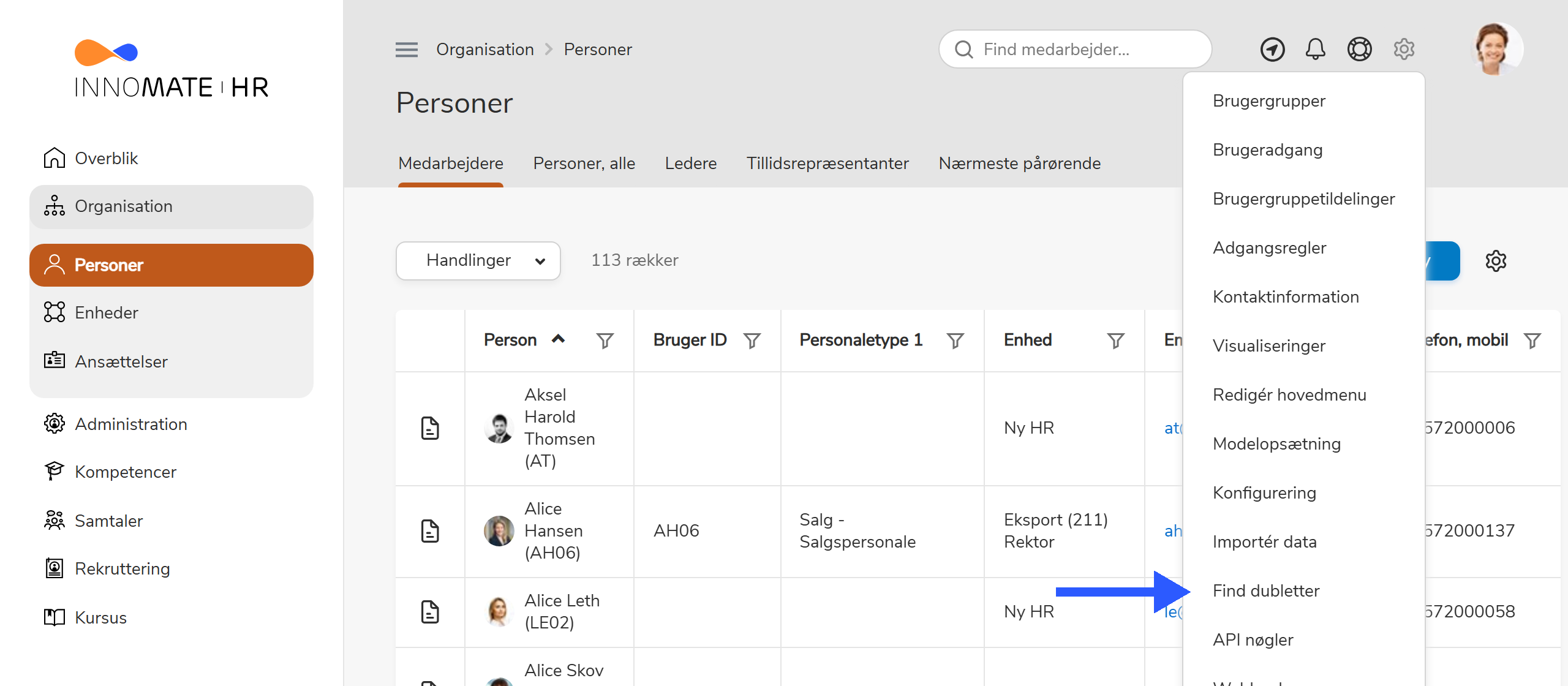 Indstillingsmenuen med Find dubletter markeret