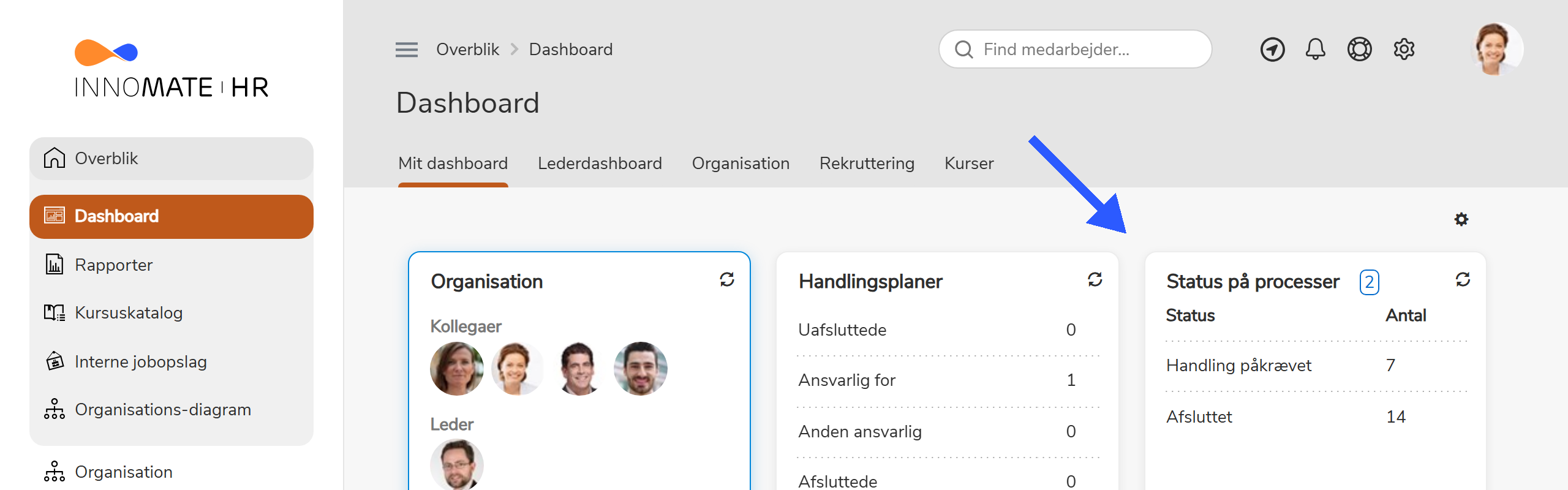 Dashboard med Status på processer-widget fremhævet