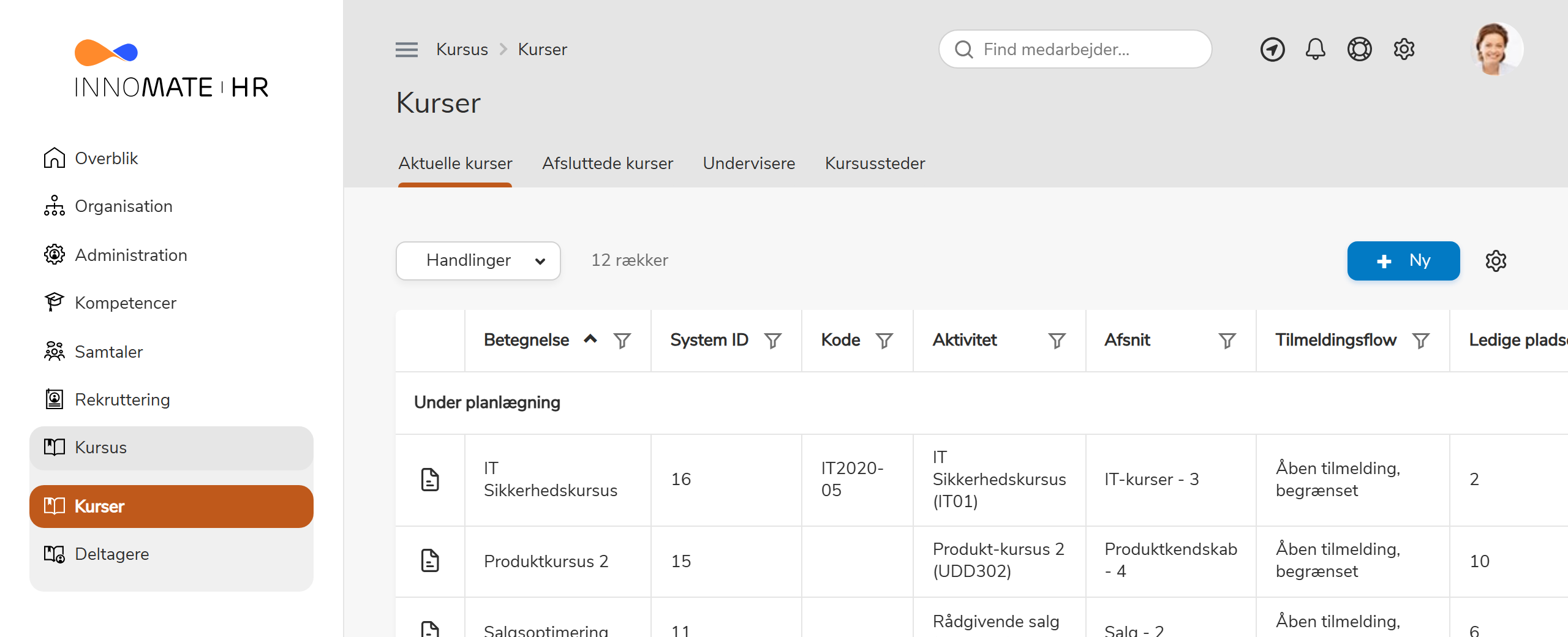 Aktuelle kurser med tilmeldingsoversigt