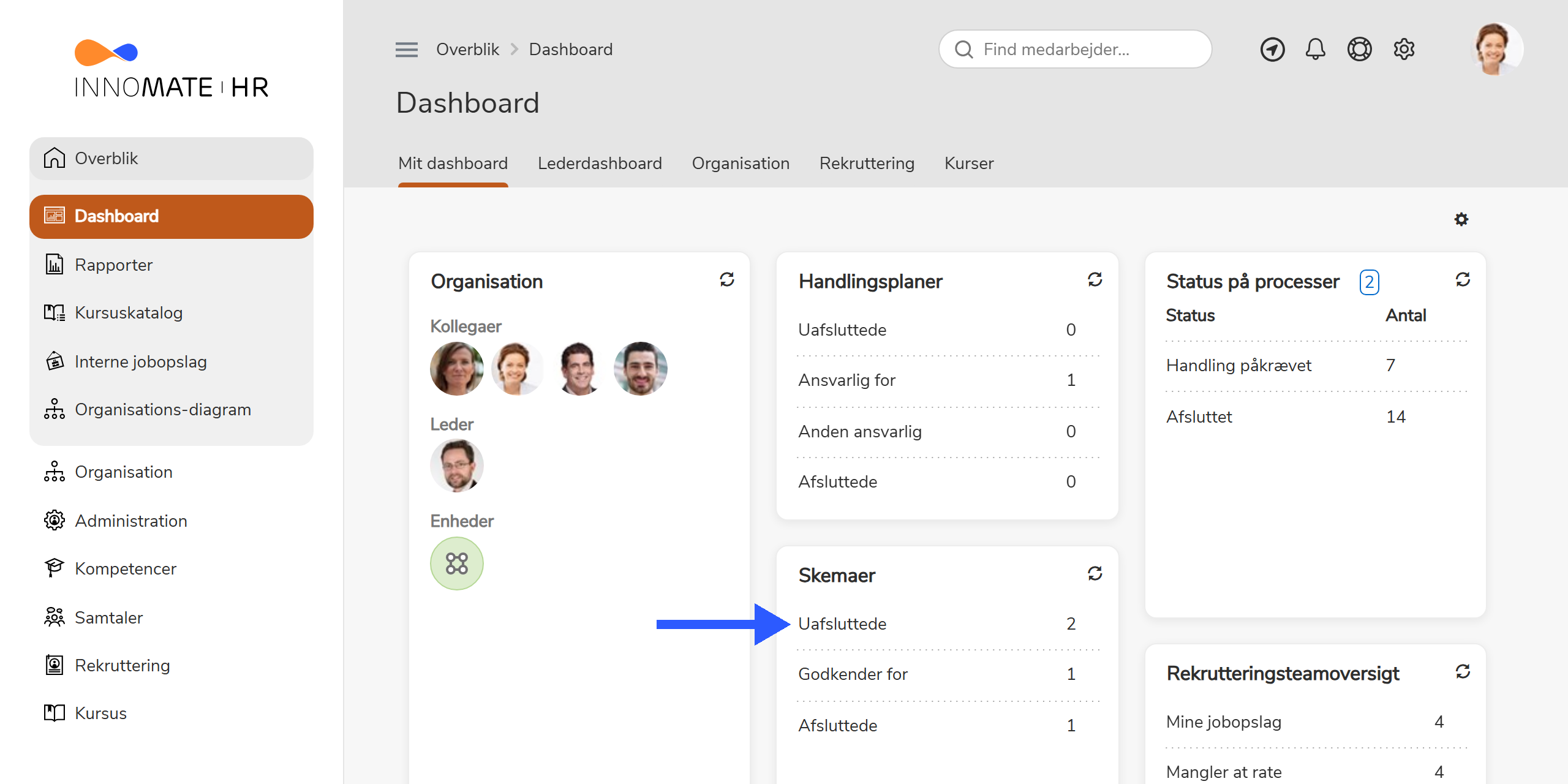 Dashboard med Skemaer-widget der viser antal uafsluttede skemaer