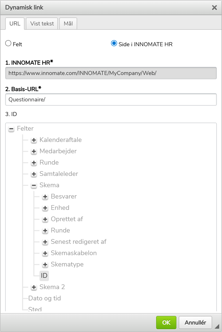 Dialog URL-fane med Basis-URL Questionnaire/ og ID fra Skema
