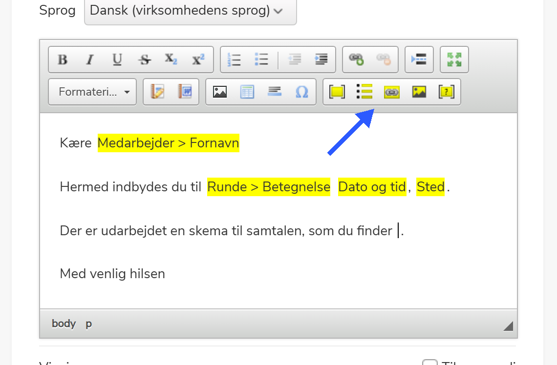 CKEditor-værktøjslinje med pil på ikonet for dynamisk link