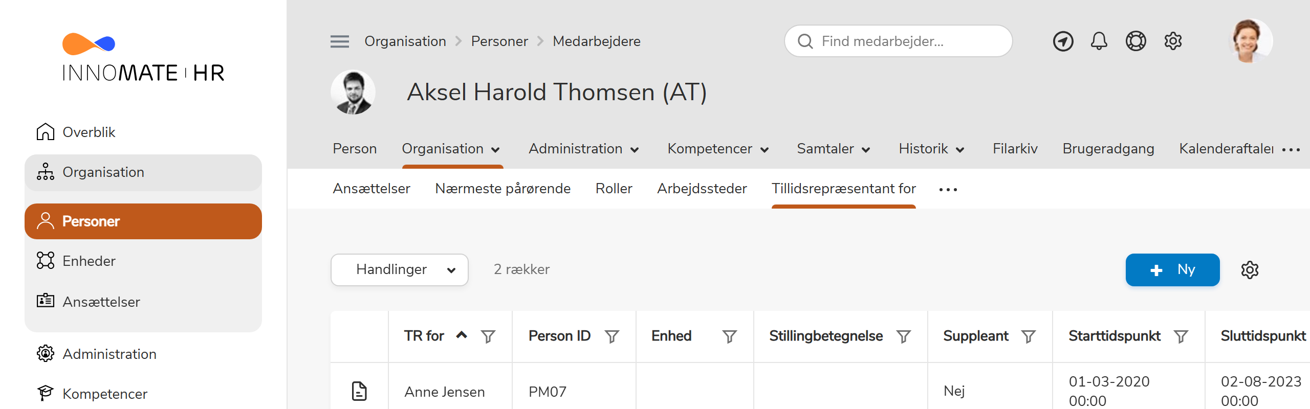 Liste over tillidsrepræsentanter med kolonner for TR, suppleant, start og slut