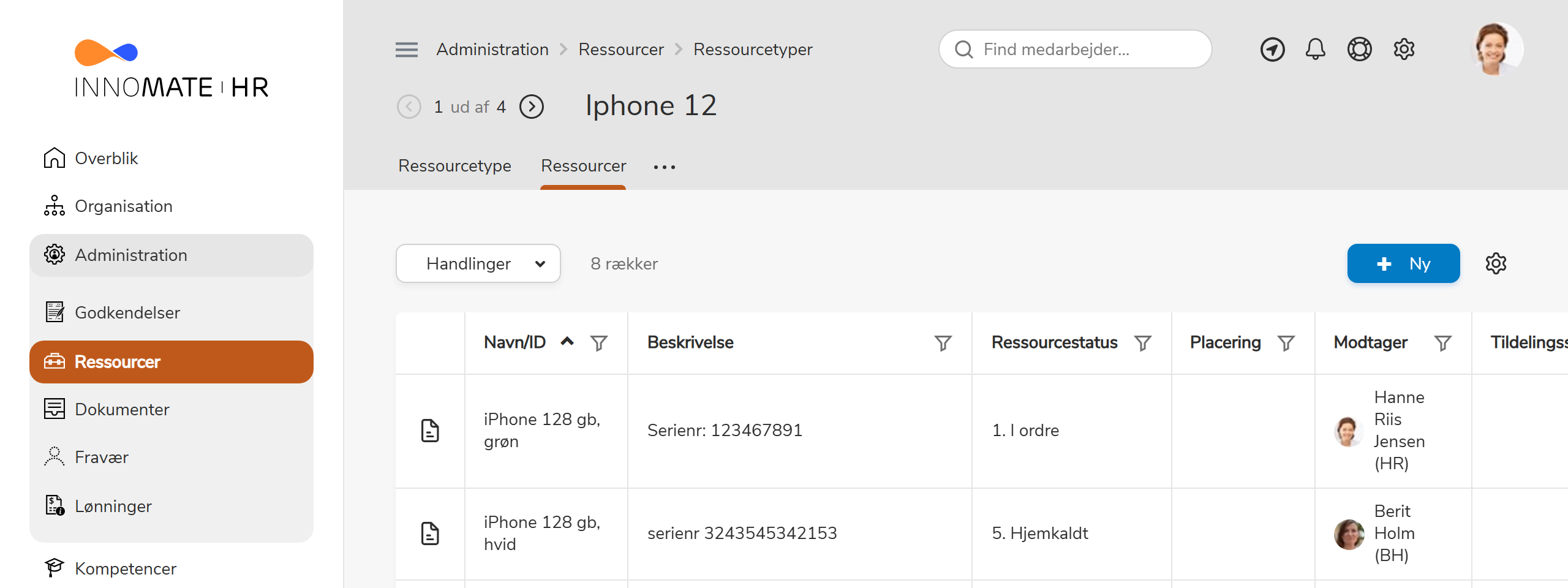 Liste over iPhone 12-ressourcer med status, værdi og modtager
