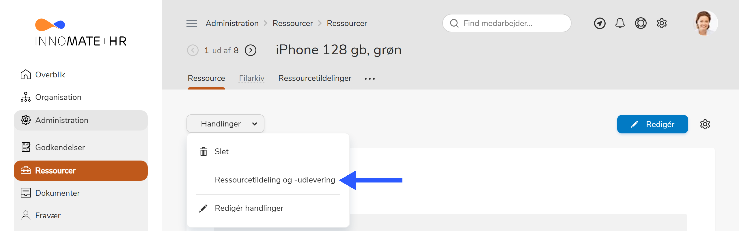 Handlingsmenu på ressource med Ressourcetildeling og -udlevering