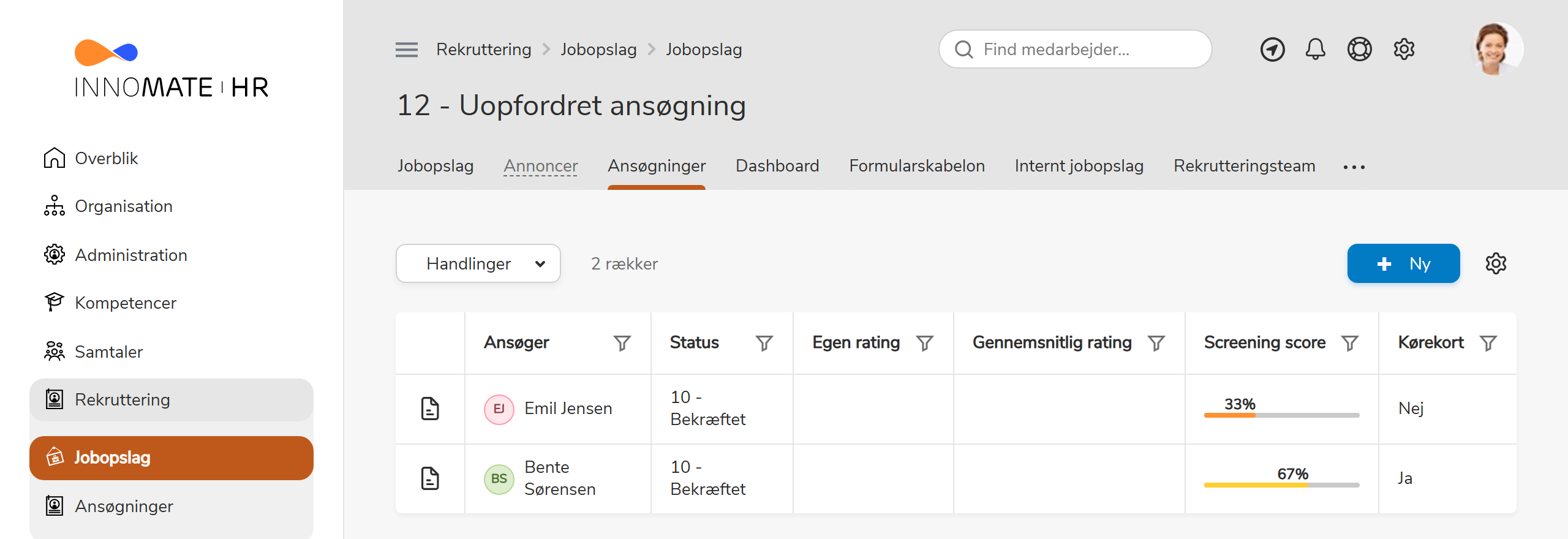 Ansøgningsliste med screeningkolonner