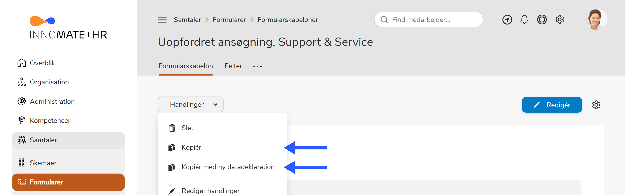 Kopiér formularskabelon via Flere muligheder