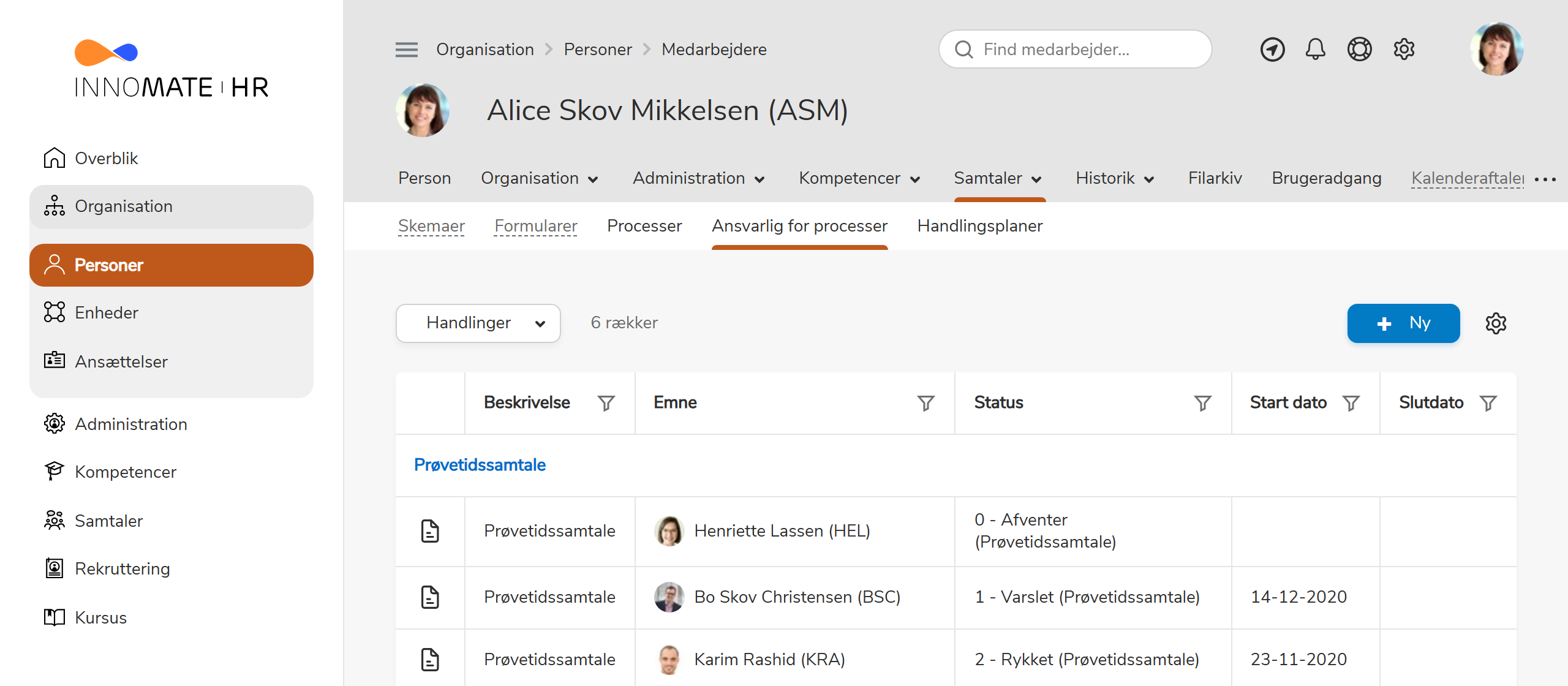 Person-detailmenu med oversigt over processer du er ansvarlig for