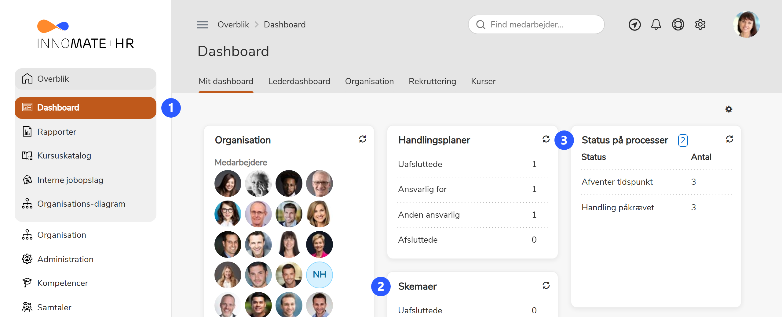Dashboard med overblik over skemaer og processer