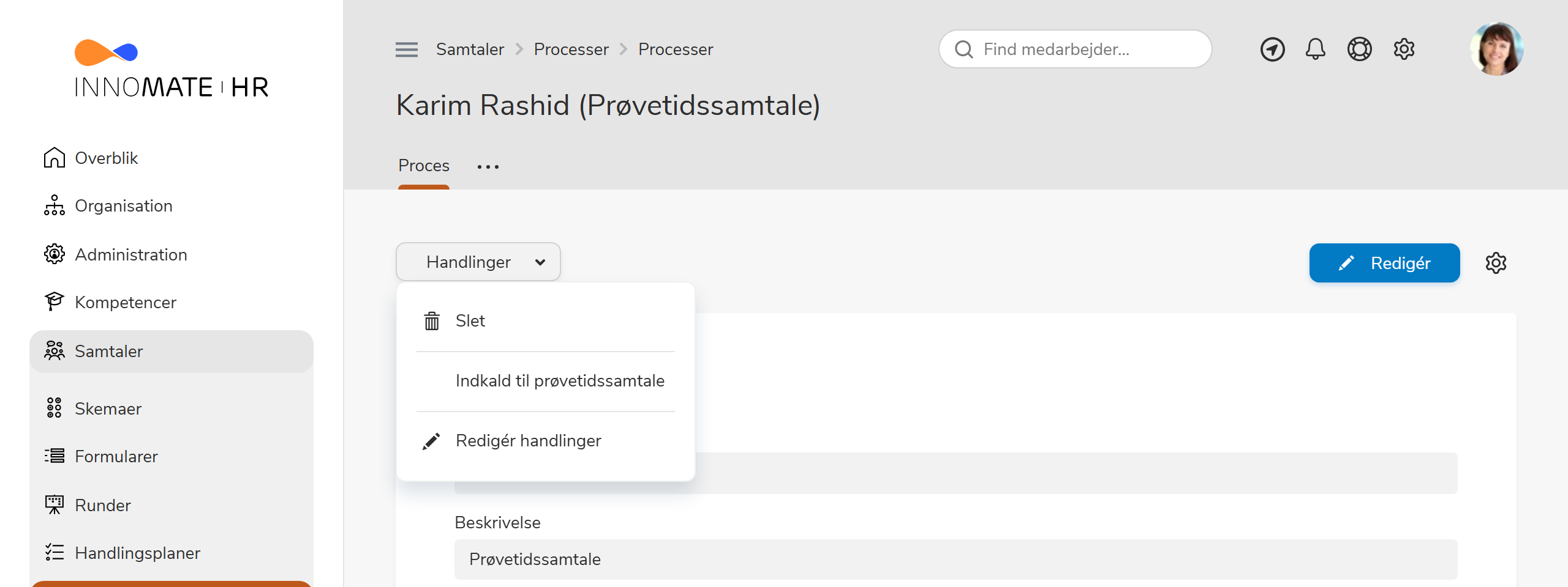 Processide med åben handlingsmenu